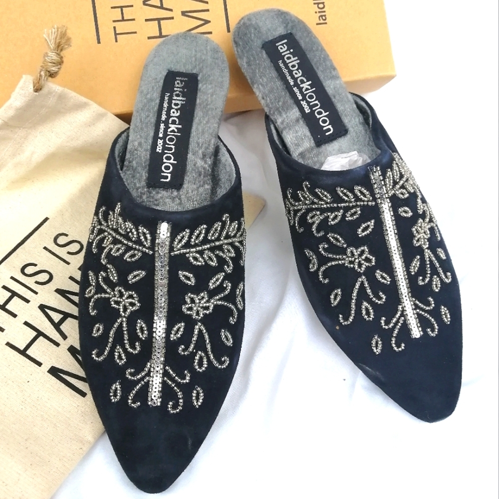 NWB Anthropologie blue suede mules 9 US embroidered beaded luxury  slippers Boe